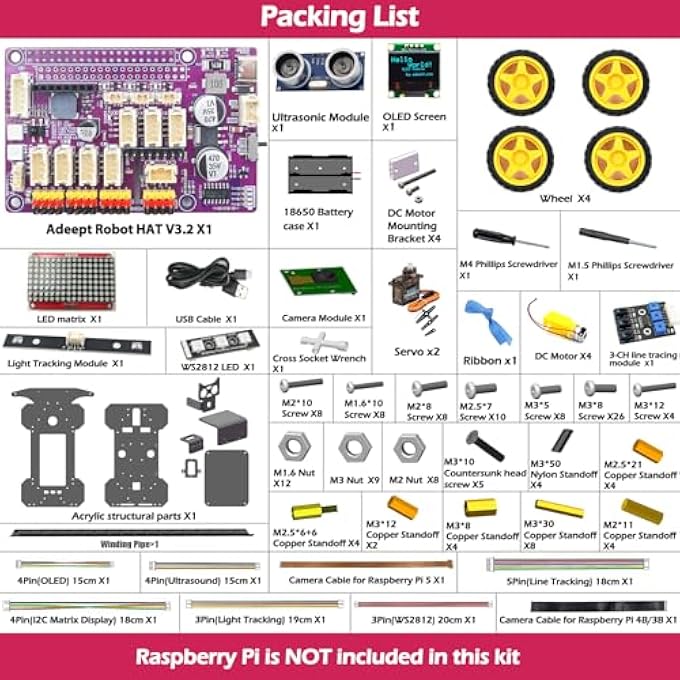 rayihni 4WD SMART CAR KIT FOR RASPBERRY PI 5/4B/3B/3B+(BOARD NOT INCLUDED), LINE TRACKING, LIGHT TRACING, OBSTACLE AVOIDANCE, SERVO MOTOR, OLED DISPLAY, BUZZER, LED DOT MATRIX DISPLAY - Image 3